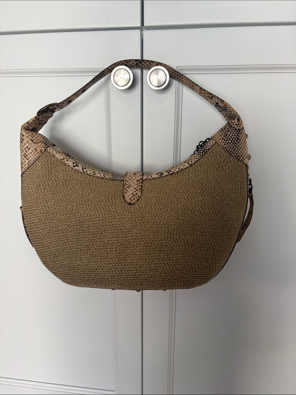 Eric Javits Taupe Woven Shoulder Bag with Faux Snakeskin Trim - Picture 2 of 4